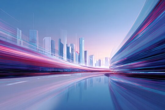 A dynamic cityscape with streaks of light creating a sense of speed and technological advancements
