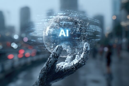 A metallic robot hand holds a globe glowing with data, "AI" prominent. City background blurred - Powered by Adobe