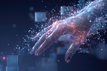 Digital rendering of a hand reaching out, composed of light particles, amidst abstract cubes