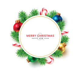 Round Christmas greeting with colorful baubles, candy canes, and pine branches on a white background.