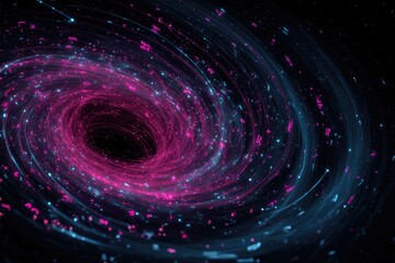 An abstract swirling vortex of pink and blue light against a dark black background