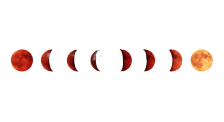 Crescent and waning moon phases in night sky, realistic red-gold vector sequence showing lunar cycle from new moon to waxing, waning, and full moon. Astronomy, space, astrology, and celestial design c