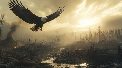 Powerful bald eagle soaring above desolate landscape after devastating wildfire, a symbol of resilience and hope emerging from destruction with a golden glow of sunrise