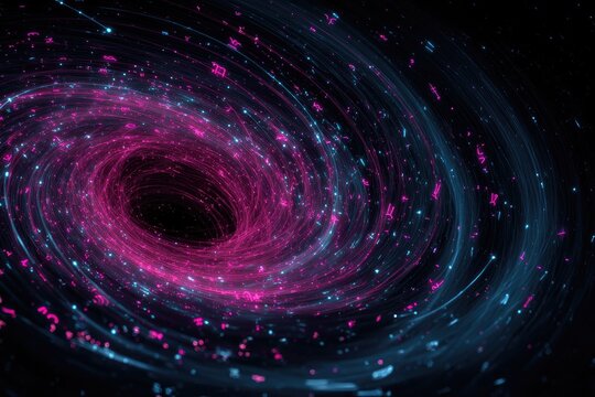 An abstract swirling vortex of pink and blue light against a dark black background