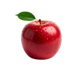 Fresh ripe red apple with water droplets and green leaf isolated studio shot isolated on transparent background