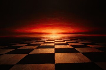 Checkerboard floor fading into a fiery horizon, under a dramatic, ominous, red and orange sky