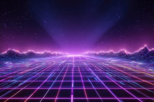 Neon grid landscape with mountains under a starry sky, radiating synthwave vibes - Powered by Adobe
