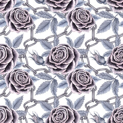 Seamless floral pattern with roses and chains in shades of grey. Watercolor illustration for fabric, cover, wrappers, packaging.