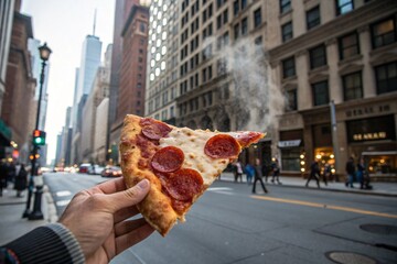 Enjoying delicious pepperoni pizza slice on busy city street with vibrant energy, perfect for takeout ads or urban lifestyle content, great taste