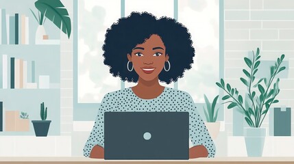 Confident African American woman working remotely from home office, smiling and looking productive with her laptop, enjoy flexible work and modern lifestyle, happy freelancer
