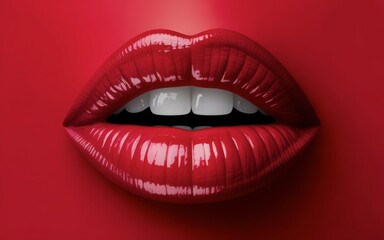 Close up of glossy red lips with white teeth slightly parted on a vibrant red background
