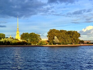 beautiful cathedral with high spire on the island of the city