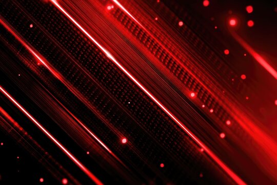 Dynamic red angled lines and dots on a black background, creating a high-tech abstract look