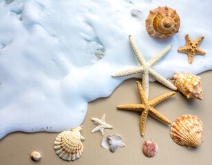 Seashells and starfish on a sandy beach with foamy waves