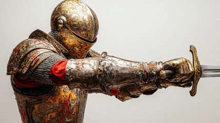 Stunning knight in shining armor holding a gleaming sword ready for battle, showcasing strength and medieval history, ideal for fantasy games and historical documentaries