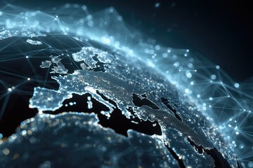 Illuminated globe featuring interconnected network, highlighting Europe and continents. Perspective view, dark background