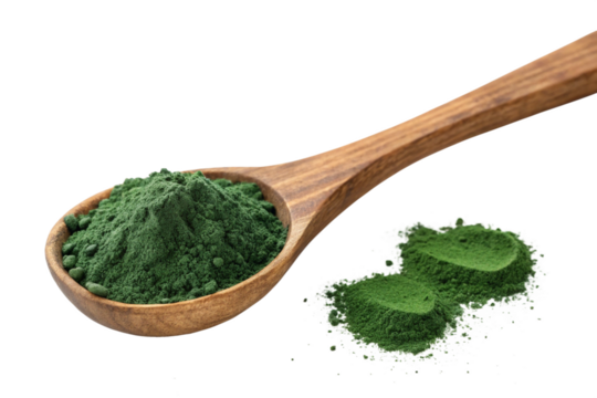 Vibrant green spirulina powder on wooden spoon promises a boost of health isolated on transparent background. Perfect for wellness blogs, nutrition guides, and healthy lifestyle promotions