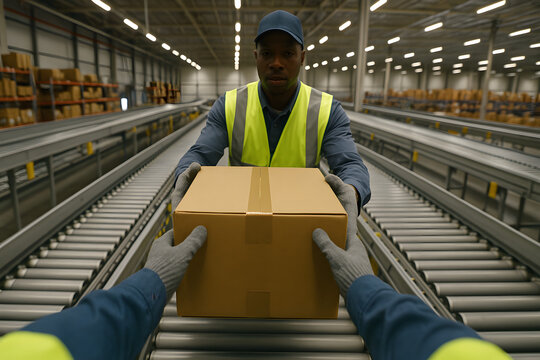 Warehouse worker handling cardboard package on conveyor belt in modern distribution center, logistics employee wearing high visibility safety vest and protective gloves during parcel sorting, ecommerc