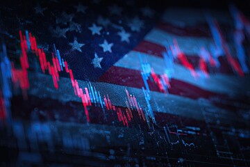 American flag overlaid with a downward-trending stock market graph, suggesting economic decline