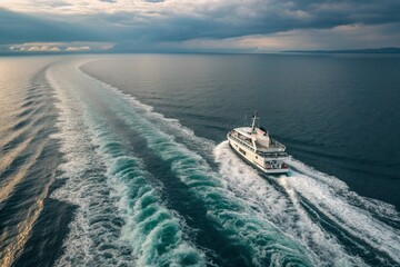 Dynamic aerial view of a sleek passenger boat creating a powerful foamy wake across the deep blue sea under a captivating cloudy sky