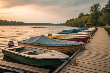 Obraz premium Golden light bathes a picturesque lake, highlighting charming boats tied to a rustic wooden pier, inviting serene escape and peaceful leisure.