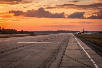 Fototapeta premium Golden hour glow beautifully illuminates a commercial jet on an airport runway, evoking serene travel and inspiring new journeys.