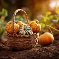 Basket of fresh pumpkins placed on garden soil during autumn