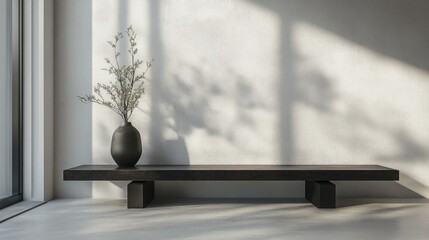 Minimalist elegance shining through a sunlit room, showcasing a modern black vase with delicate flowers on a sleek bench, perfect for interior design inspiration and serene living spaces