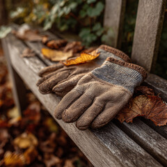Pair of garden gloves on wooden bench with autumn leaves scattered around