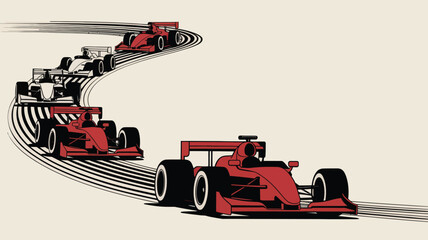 A line of race cars speeding along a track with black and white lines in a stylized illustration