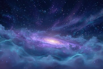 A breathtaking view of a luminous, swirling galaxy set against a dark, starry, and cloudy sky