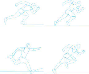 Dynamic sketch of a muscular man running fast in a sprint  and Continuous line drawing