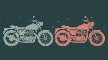 Two motorcycles one in green and one in red against a dark green background with small white stars