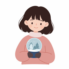 Charming Flat Illustration of Girl Holding a Snow Globe for Christmas
