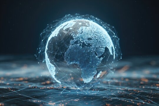 A digital globe composed of interconnected points and lines glows against a dark blue backdrop