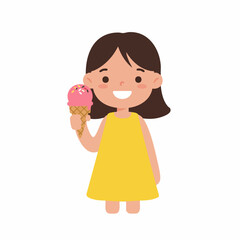 Cartoon Style Cheerful Girl Holding Ice Cream Cone Character Illustration