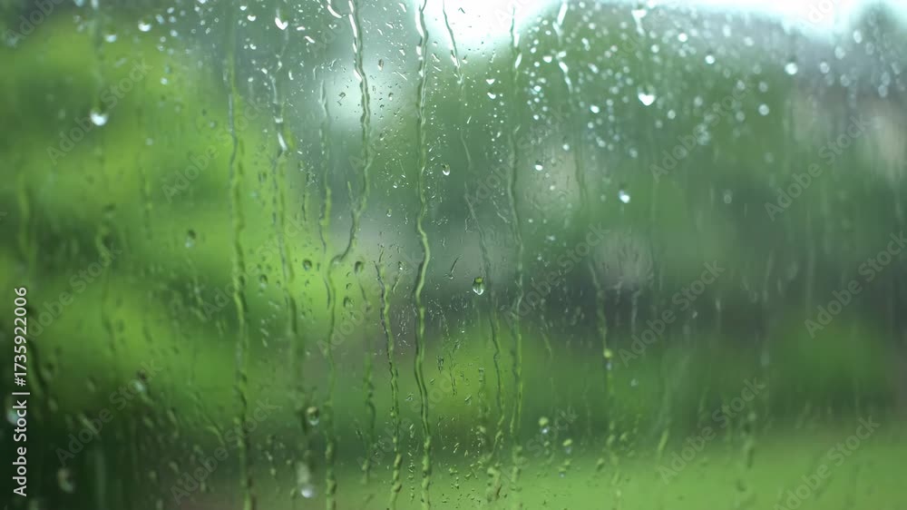Wall mural gentle rain streaks down a window pane, blurring the soft green garden background with a shallow dep