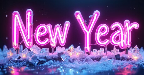 Bright neon text spells New Year over crystalline structures. Festive illumination creates vibrant, celebratory mood.
