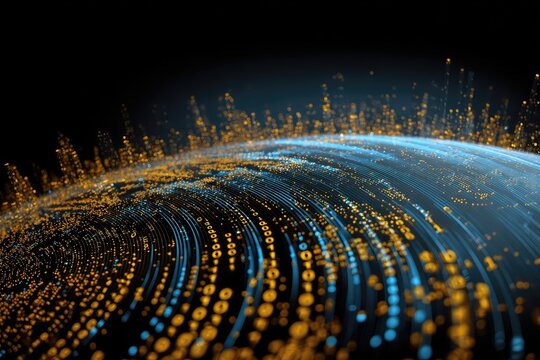 An artistic representation of digital data streams circling a sphere against a dark background - Powered by Adobe