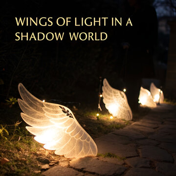 Wings of light rise in a shadow world, breaking through darkness with radiant hope and the promise of renewal.