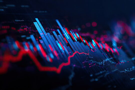 Financial data illustration, with bar graphs and fluctuating red lines, in a dark blue setting