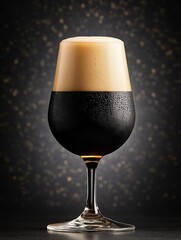 Majestic Black Beer with Creamy Foam in Elegant Glass on Dark Background