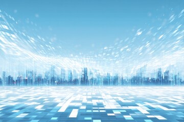 Abstract urban cityscape with digital overlay and futuristic, glowing, light grid