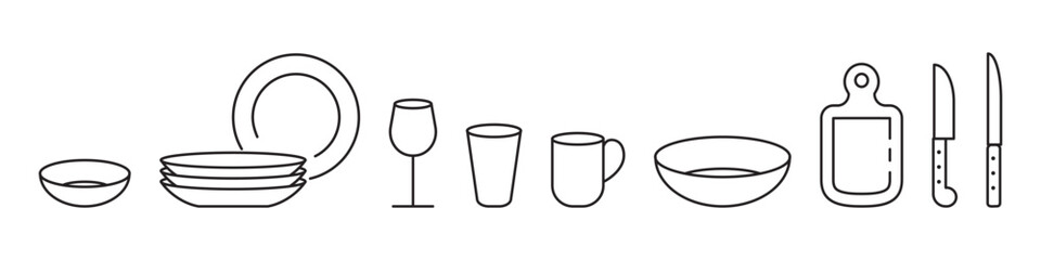 Tableware and kitchenware linear icons set isolated on transparent background. Includes plates, dishes, cups, glasses, cutting board and knives. Simple outline collection for cooking themes