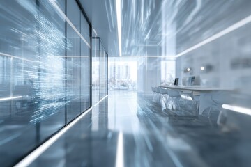 Modern, bright office interior with glass walls, code display, and blurred lighting