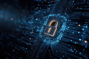 Glowing open padlock icon on a circuit board, abstract digital security concept