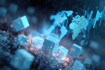 Abstract digital art; floating cubes, a world map, and bar chart in blue tones