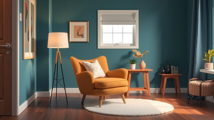 Fototapeta premium A cozy living room interior featuring a vibrant orange armchair centered on a white circular rug. Teal walls and warm wooden floors create a welcoming atmosphere