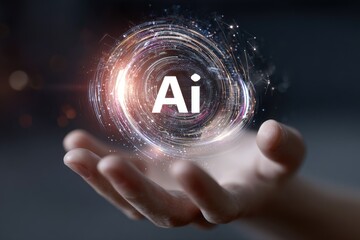 Human hand holds a glowing, swirling energy orb with "Ai" at its center, suggesting technology