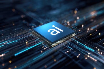 A microchip with "ai" illuminated, with lines of light, suggesting technology and innovation